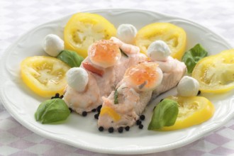 Porched salmon with yellow brandywine tomatoes