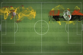 Spain vs Uganda Soccer Match, national colors, national flags, soccer field, football game,