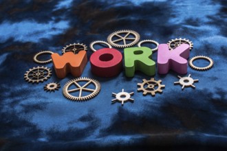 Work wording and wooden cogwheels as industry mechanism concept
