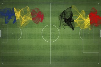 Romania vs Belgium Soccer Match, national colors, national flags, soccer field, football game,