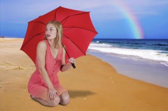 Beautiful woman holding a colorful umbrella