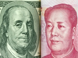 Chinese currency Yuan and American Dollar banknotes Austria