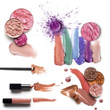 Creative concept photo set of cosmetic swatches with lipstick eyeshadow and other beauty products