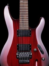 Red electric guitar Ibanez S-series S420 closeup detail on black background