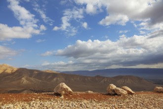 Gorgeous clear day in the Judean desert. Huge boulders along the roads, clear skies