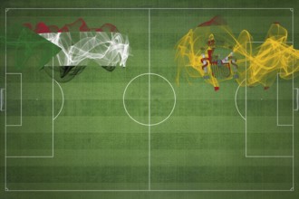 Sudan vs Spain Soccer Match, national colors, national flags, soccer field, football game,
