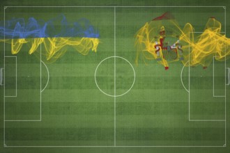 Ukraine vs Spain Soccer Match, national colors, national flags, soccer field, football game,