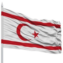Northern Cyprus Flag on Flagpole, Flying in the Wind, Isolated on White Background