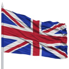 United Kingdom Flag on Flagpole, Flying in the Wind, Isolated on White Background