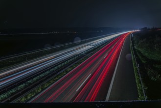 Long exposure of a motorway at night with red and white light trails representing speed and