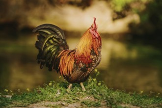 Rooster wlaks on the bank of a river Devnja, Bulgaria, Europe