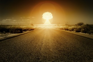 An image of a road to a nuclear bomb explosion
