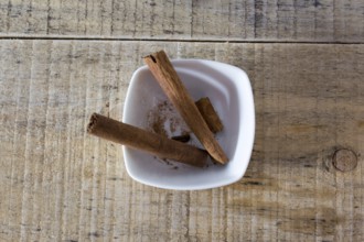 Pair of cinnamon sticks in a white bowl