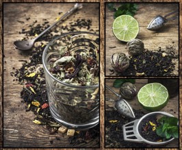 Collage of tea paraphernalia and scattered leaves on wooden table