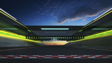View of the infinity empty asphalt international race track with start and finish line, evening