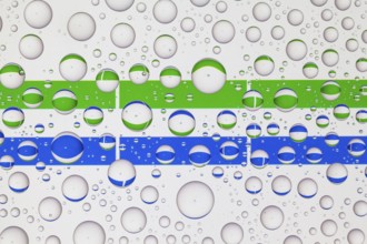 Flags of Sierra Leone behind a glass covered with raindrops. 3D illustration