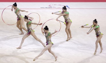 Sofia, Bulgaria - 27 March, 2021: Team Turkey perform during the 3 Hoops + 2 pairs of Clubs group