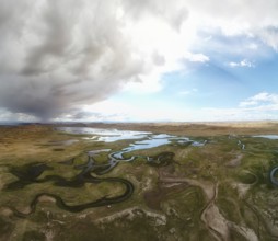 Aerial panorama sand desert Mongol Els and Zavkhan river
