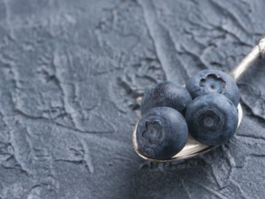 Freshly picked blueberries in spoon closeup. Ripe and juicy fresh blueberries on textured concrete