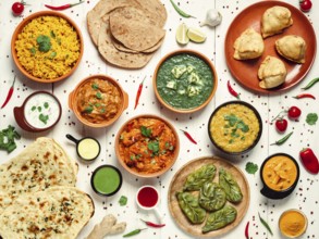 Indian cuisine dishes: tikka masala, dal, paneer, samosa, chapati, chutney, spices. Indian food on