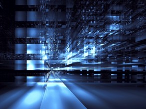 Blue background in tech style. Abstract future city street or futuristic data center -