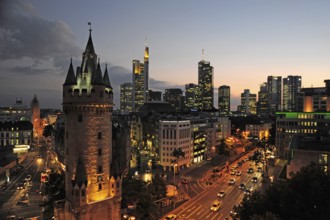 Eschenheimer Tor and skyline of the banking district in the evening, Frankfurt am Main, Hesse,