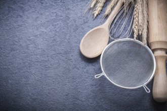 Ripe wheat rye ears spoon rolling-pin egg whisk sieve