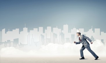 King businessman in elegant suit running and blue cityscape silhouette at background