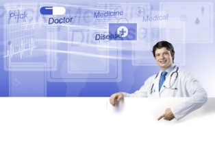 Young handsome doctor holding white blank banner. Place your text