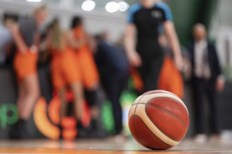 The ball lying on the parquet and the basketball team in the background.