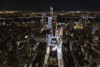 New York City, USA, June 25, 2018: High angle view of the skyline of Manhattan at night, North
