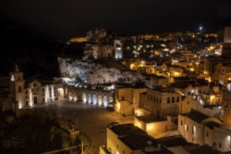 Scenic skyline of Sassi di Matera at night, Italy, Europe