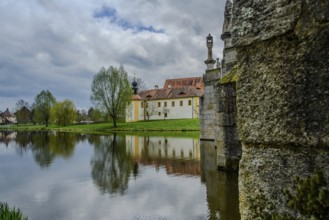 River landscape with stone bridge and historic buildings, reflections on water, cloudy sky,