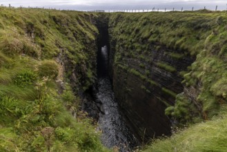 The Gloup, collapsed cave with small waterfall, Mull Head Local Nature Reserve, seaside nature