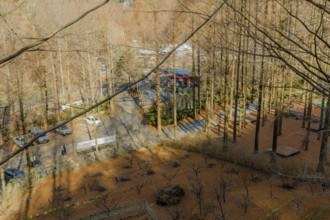 Daejeon, South Korea, December 15, 2019: Winter aerial view of street and coffee shop through