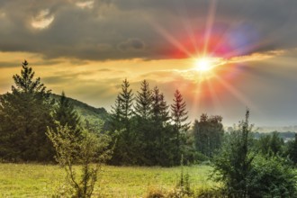 Summer landscape and sunset in forest near Sokobanja spa