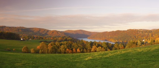 View form hill on the water dam Slapy.Autumn scenery.Panorama picture