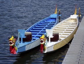 Decorated dragon boats are anchored on the Lotus Lake in Kaohsiung in preparation for the Dragon