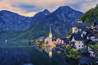 A view of Hallstatt in Austria with lake and mountains