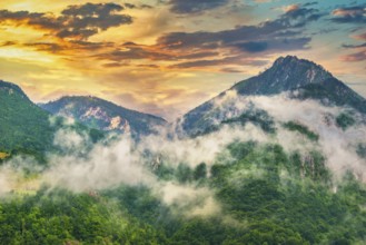 Sunset fog in great mountains of Montenegro