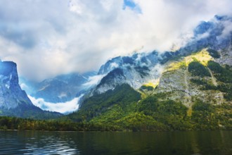 Koenigssee - the cleanest lake in Germany. The lake is surrounded by high mountains. Mountain Lake