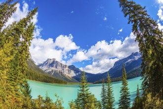 Magic Emerald Lake in Yoho National Park, Rocky Mountains. The emerald-green lake surrounded by a