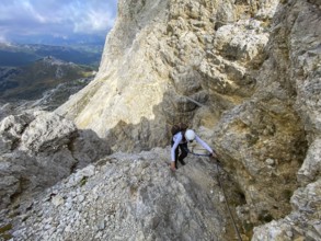 Adventurous hike up to mount Lagazuoi in the Dolomite Alps, autonomous pronvince of South Tirol in