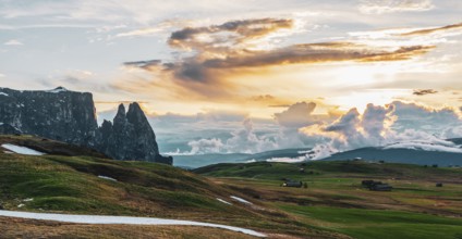 Panoramic view of Mount Sciliar from Alpe di Siusi in the Dolomites in South Tyrol, Italy, Europe