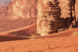 Sand dunes and rock mountains landscape in Wadi Rum desert, Jordan, Middle East, Asia