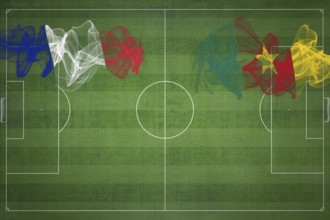 France vs Cameroon Soccer Match, national colors, national flags, soccer field, football game,