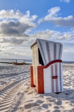 Beach chairs in the morning after sunrise in summer