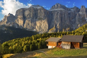 Alpin hut at Passo Pordoi with Sella Group, Dolomites, Italian Alps