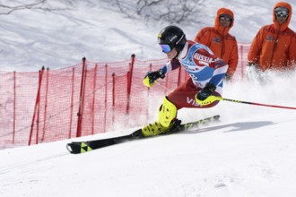 MOROZNAYA MOUNT, KAMCHATKA PENINSULA, RUSSIA, MAR 29, 2019: Mount skier Dmitry Pyshkin Sakhalin