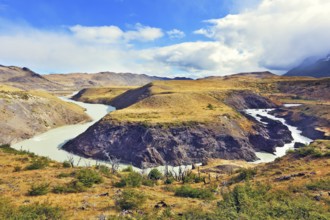 National Park Torres del Paine, Patagonia, Chile. The river bends between the hills, forming the
